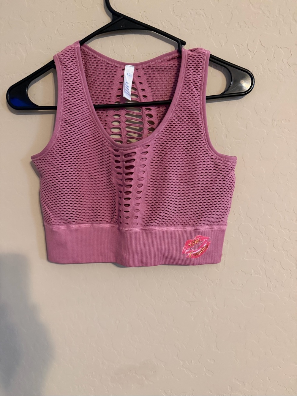Women’s Pink Mesh Crop Tank Top with Embroidered Lip Detail